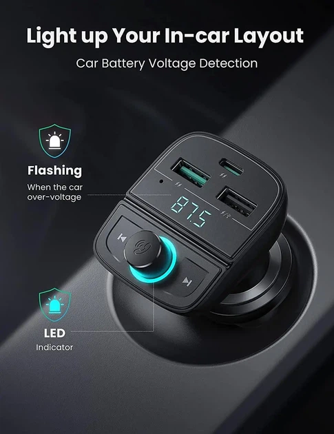 АЗП з Bluetooth FM-трансмітером UGREEN CD229 FM&Bluetooth Transmitter&Car Charger + TF Slot Black (KST-UGR-80910) - зображення 5