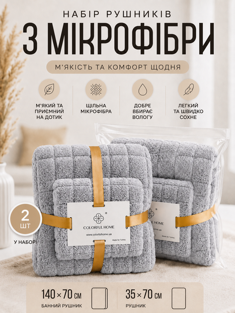 Набір рушників з мікрофібри банний та для обличчя 70х140 см + 35х70 см комплект рушників для ванної м'які водопоглинаючі швидковисихаючі рушники для дому готелю сауни басейну подарунковий набір Світло сірий - Фото 1 Набір рушників з мікрофібри банний та для обличчя 70х140 см + 35х70 см комплект рушників для ванної м'які водопоглинаючі швидковисихаючі рушники для дому готелю сауни басейну подарунковий набір Світло сірий - зображення 1