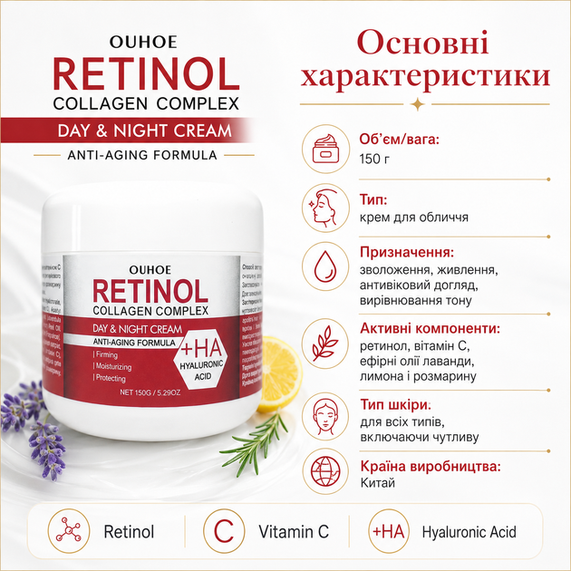 Крем против морщин с ретинолом для лица OUHOE Retinol Восстанавливающий крем для лица против морщин 150 г - изображение 9
