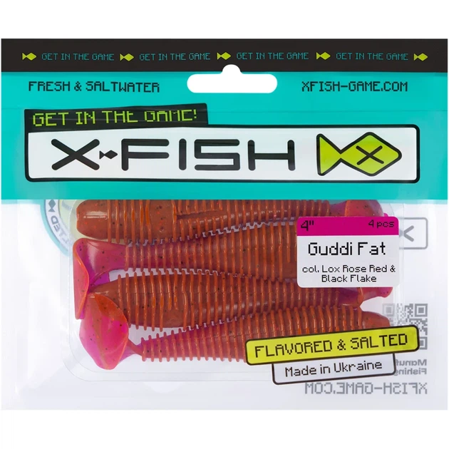 Силікон X-Fish Guddi Fat 4" Lox Rose Red & Black Flake (4шт/уп) - Фото 2 Силікон X-Fish Guddi Fat 4" Lox Rose Red & Black Flake (4шт/уп) - зображення 2