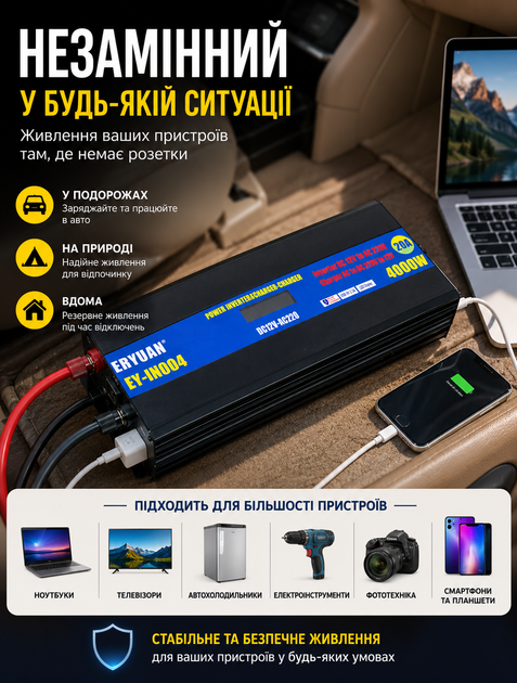 Інвертор напруги 4000 Вт зі вбудованим зарядним пристроєм 20 А для автономного живлення на дачі, у майстерні та в офісі з компактним корпусом і продуманим охолодженням - зображення 2