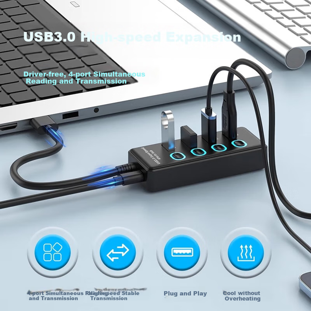 Хаб Youlianxing U304-0.3 USB 3.0 на 4 порта с выключателями, 30 см - Фото 6 Хаб Youlianxing U304-0.3 USB 3.0 на 4 порта с выключателями, 30 см - изображение 6