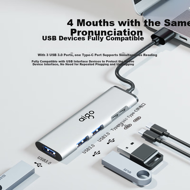 USB-хаб Aigo H02-AC Type-C на USB 3.0 металлический, кабель 0.25 м - изображение 6