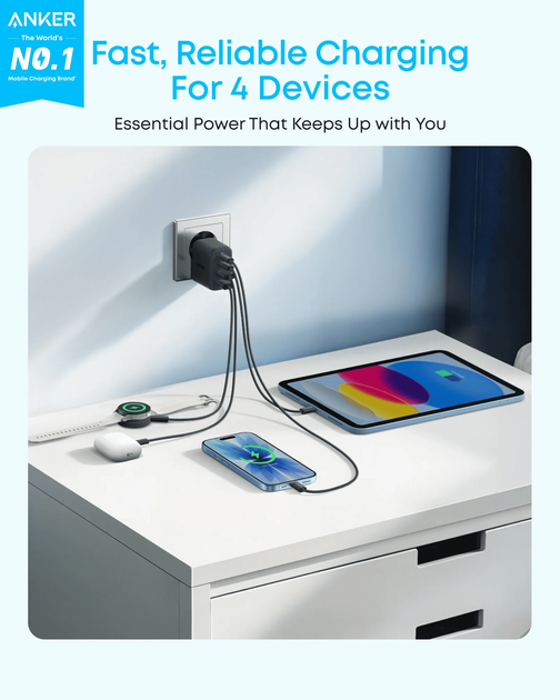 Мережевий зарядний пристрій Anker Zolo Charger - 50W, 2xUSB-C & 2xUSB-A Black (7285028) - изображение 2