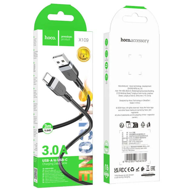 Кабель зарядний Hoco X109 Fast charging Type C 3A 1 м Black - зображення 2