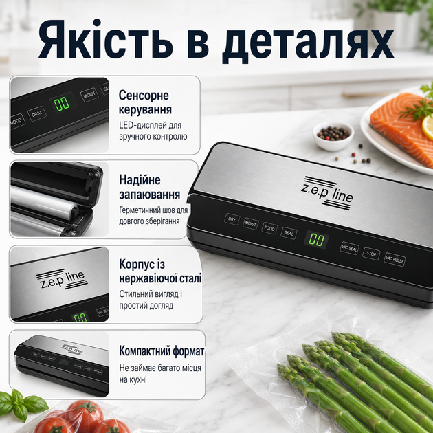 Вакууматор Zepline ZP-00359 200 Вт із сенсорним LED дисплеєм вбудованим ножем регулюванням вакууму для гофрованих пакетів запаювання продуктів су-від - изображение 2