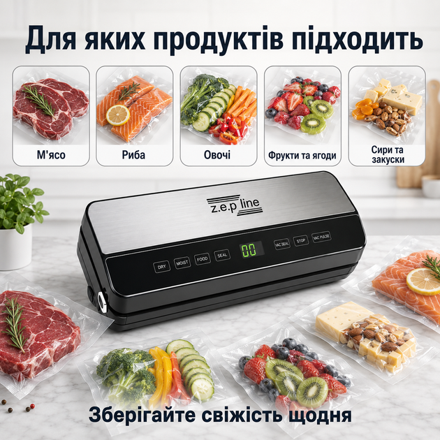 Вакууматор Zepline ZP-00359 200 Вт із сенсорним LED дисплеєм вбудованим ножем регулюванням вакууму для гофрованих пакетів запаювання продуктів су-від - изображение 3