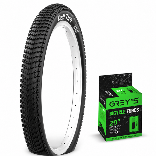 Покомплект покрышка Deli Tire 29×2.10 + камера Grey's AV 48 мм для велосипеда 29" технология - Фото 1 Покомплект покрышка Deli Tire 29×2.10 + камера Grey's AV 48 мм для велосипеда 29" технология - изображение 1