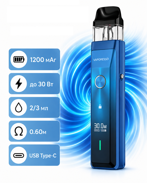 Под-система электронная сигарета Vaporesso XROS PRO подик на 1200 мАч Blue Pod система до 30 Вт 0.6 Ом синяя со сменным картриджем - изображение 2