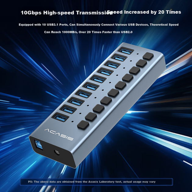 Хаб Acasis HS-710MG USB 3.1 на 10 портов с индивидуальными выключателями, 10 Гбит/с, для MacBook - Фото 5 Хаб Acasis HS-710MG USB 3.1 на 10 портов с индивидуальными выключателями, 10 Гбит/с, для MacBook - изображение 5