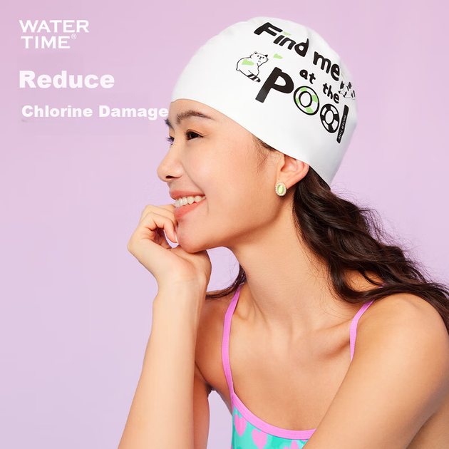 Шапочка для плавания WATERTIME Shuichuan силиконовая с принтом Lazy Afternoon, женская, для длинных волос, белая - изображение 4