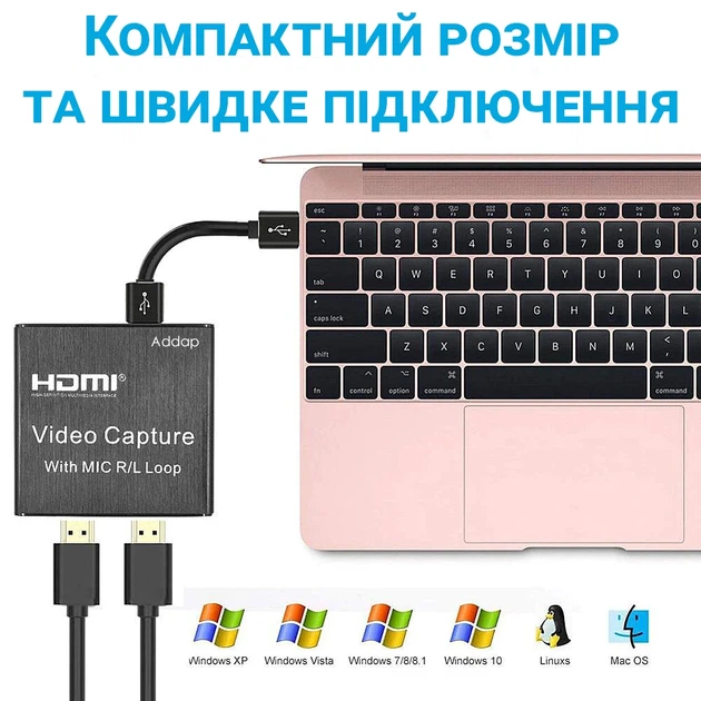 Внешняя карта видеозахвата HDMI-USB Addap VCC-03 4К алюминиевая черная - изображение 3
