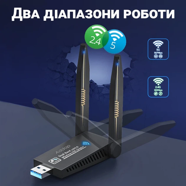 Двохдіапазонний USB Wi-Fi адаптер Addap UWA-05 1300 Mbps пластиковий - Фото 4 Двохдіапазонний USB Wi-Fi адаптер Addap UWA-05 1300 Mbps пластиковий - зображення 4