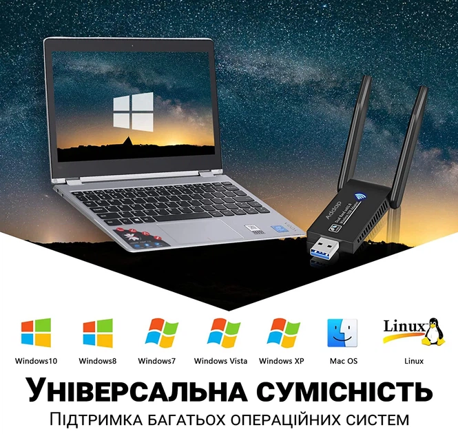 Двохдіапазонний USB Wi-Fi адаптер Addap UWA-05 1300 Mbps пластиковий - Фото 7 Двохдіапазонний USB Wi-Fi адаптер Addap UWA-05 1300 Mbps пластиковий - зображення 7