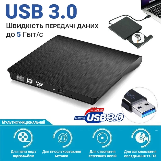 Внешний USB 3.0 оптический дисковод Addap EDB-01 DVD+/-RW пластик черный - Фото 4 Внешний USB 3.0 оптический дисковод Addap EDB-01 DVD+/-RW пластик черный - изображение 4