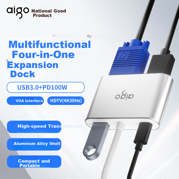 Док-станция Aigo JZ04 Type-C с USB-хабом, HDMI, VGA, 4K 30 Гц и питанием PD 100 Вт, металлический корпус - изображение 8