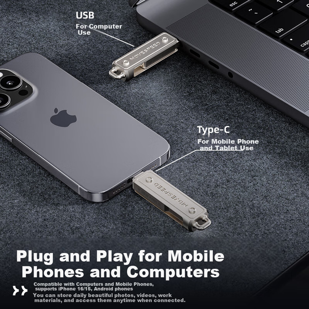 Флеш-накопитель MOVE SPEED 64 ГБ с двумя интерфейсами USB и портами Type-C/USB3.2, высокоскоростной флеш-накопитель большой емкости для телефонов и компьютеров, расширения памяти для телефонов Apple, использования в офисе и учебе, Lingji Ultra - изображение 6