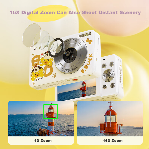 CAIZU Little Yellow Duck - цифрова камера 16MP Z15, компактна камера початкового рівня для студентів та студенток, альтернатива CCD, може передавати фотографії на смартфон, подарунок на день народження для хлопчиків та дівчаток - изображение 6