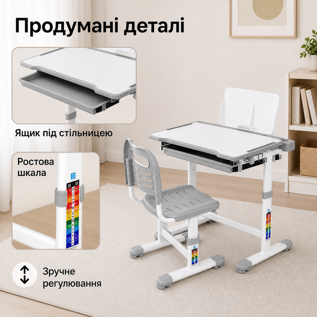 Дитяча парта зі стільцем регульована по висоті, зростаючий комплект школяра, навчальний стіл з підставкою для книг, висувною шухлядою та регульованою стільницею, Сірий - зображення 5