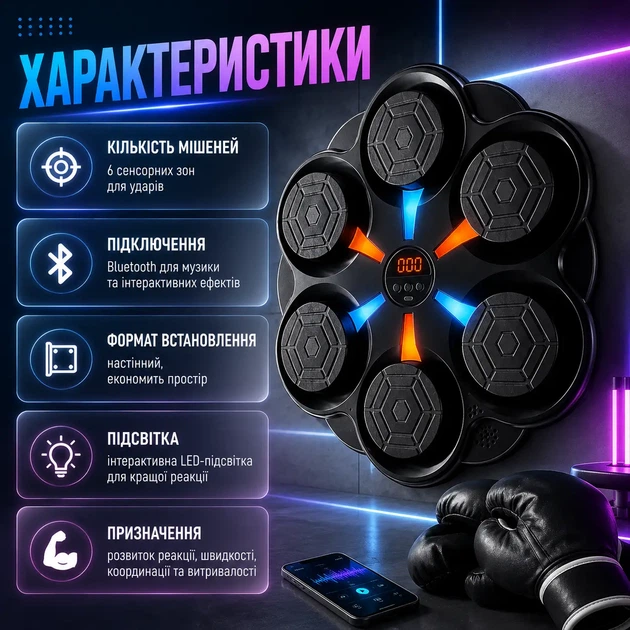 Настінний інтерактивний музичний боксерський тренажер із Bluetooth LED-підсвіткою на 6 ударних зон Електронна мішень для боксу, тренування реакції, швидкості, координації та фітнесу вдома для дітей і дорослих - зображення 3