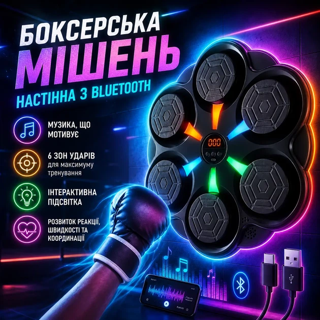 Настінний інтерактивний музичний боксерський тренажер із Bluetooth LED-підсвіткою на 6 ударних зон Електронна мішень для боксу, тренування реакції, швидкості, координації та фітнесу вдома для дітей і дорослих - зображення 4