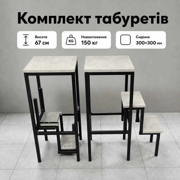 Стілець-драбина трансформер Лофт Бетон на 3 сходинки, складний для кухні, будинку, квартири, металевий каркас до 150кг - зображення 3