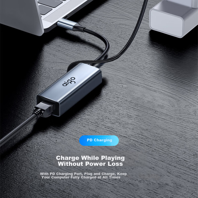 Адаптер Aigo R02P Type-C — RJ45 гигабитный с питанием PD 100 Вт, металлический корпус, для ноутбука, телефона и планшета - Фото 4 Адаптер Aigo R02P Type-C — RJ45 гигабитный с питанием PD 100 Вт, металлический корпус, для ноутбука, телефона и планшета - изображение 4