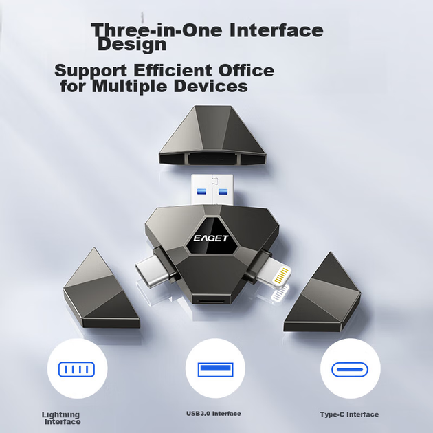 USB-флеш-накопичувач EAGET Triple-Interface для розширення телефону 256 ГБ USB 3.0, USB-накопичувач типу C для Apple Phone, I90, пристрій резервного копіювання подвійного призначення для телефонів та комп'ютерів - зображення 5