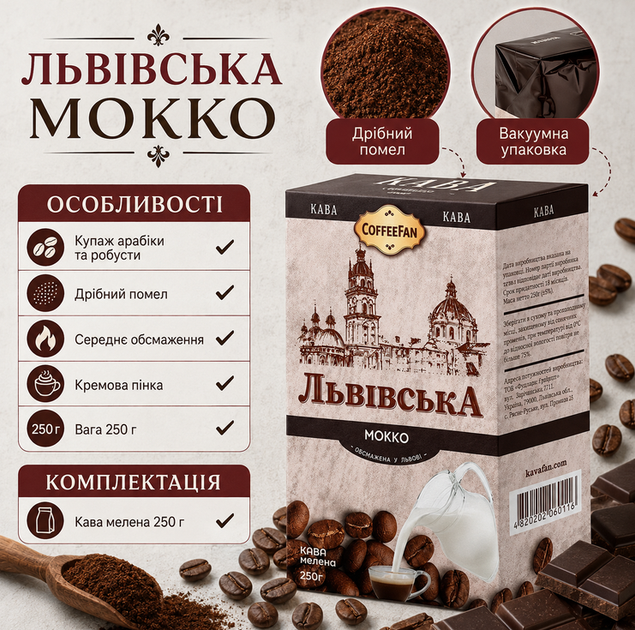 Кофе молотый CaffeeFan Львовская Мокко 250 г ароматный купаж арабика робуста шоколадно вишневые нотки - Фото 2 Кофе молотый CaffeeFan Львовская Мокко 250 г ароматный купаж арабика робуста шоколадно вишневые нотки - изображение 2