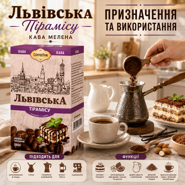Кава мелена CaffeeFan Львівська Тірамісу 250 г ароматизована купаж арабіка робуста десертні нотки - Фото 2 Кава мелена CaffeeFan Львівська Тірамісу 250 г ароматизована купаж арабіка робуста десертні нотки - зображення 2