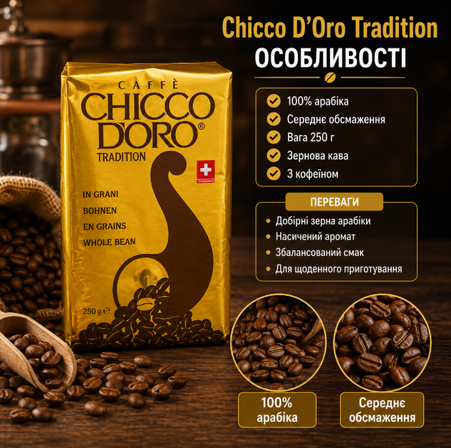 Зернова кава Chicco d'Oro Tradition 250 г натуральна 100% арабіка середнього обсмаження - Фото 3 Зернова кава Chicco d'Oro Tradition 250 г натуральна 100% арабіка середнього обсмаження - зображення 3