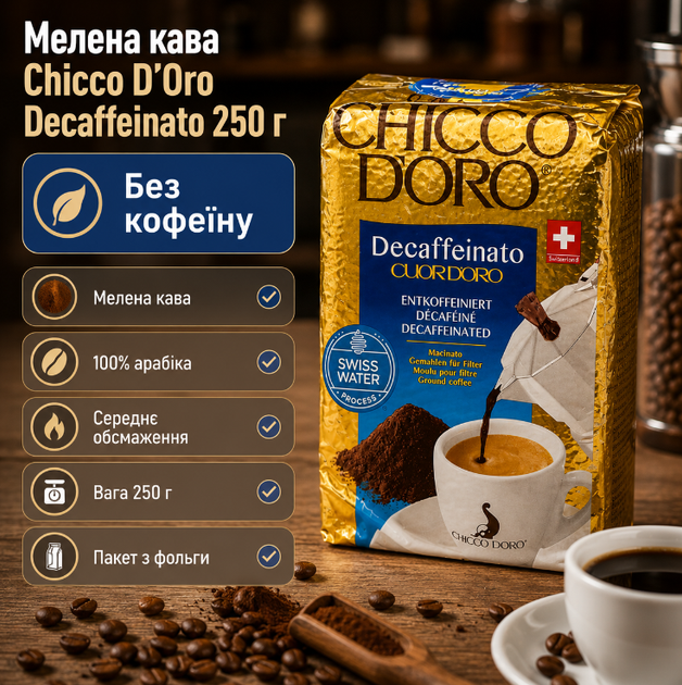 Молотый кофе Chicco d'Oro Decaffeinato 250 г натуральная арабика без кофеина средней обжарки - Фото 1 Молотый кофе Chicco d'Oro Decaffeinato 250 г натуральная арабика без кофеина средней обжарки - изображение 1