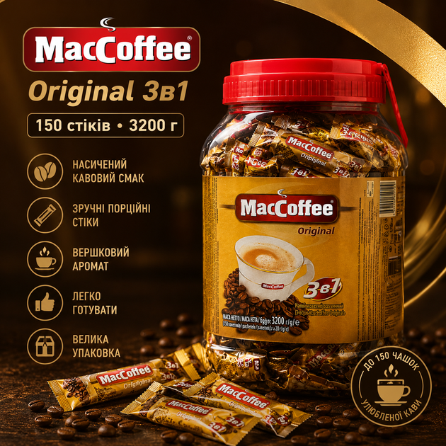 Кавовий напій MacCoffee Original 3 в 1 швидкорозчинний класичний у стіках 3.2 кг - Фото 1 Кавовий напій MacCoffee Original 3 в 1 швидкорозчинний класичний у стіках 3.2 кг - зображення 1