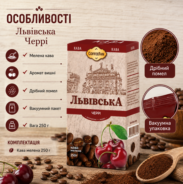 Кава мелена Львівська Черрі 250 г робуста середнє обсмаження дрібний помел аромат вишні - зображення 2