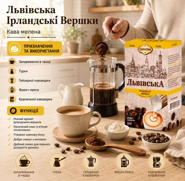 Кава мелена CaffeeFan Львівська Ірландські Вершки 250 г ароматизована купаж арабіка робуста - зображення 2