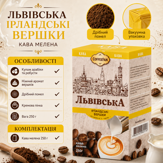 Кава мелена CaffeeFan Львівська Ірландські Вершки 250 г ароматизована купаж арабіка робуста - зображення 3