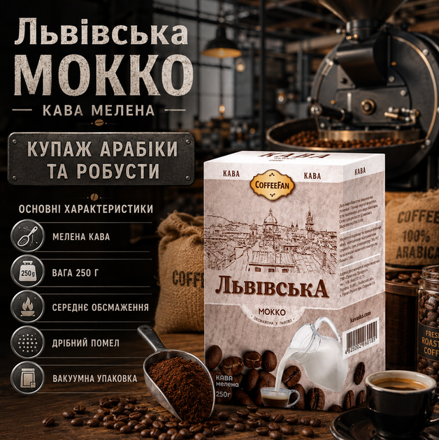 Кофе молотый CaffeeFan Львовская Мокко 250 г купаж арабика робуста средняя обжарка вакуумная упаковка - Фото 1 Кофе молотый CaffeeFan Львовская Мокко 250 г купаж арабика робуста средняя обжарка вакуумная упаковка - изображение 1