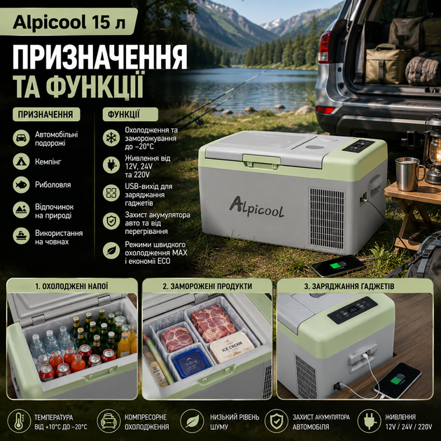 Автохолодильник компрессорный Alpicool 15 л 12V 24V 220V до минус 20 градусов с ЖК дисплеем USB выходом серый - изображение 4