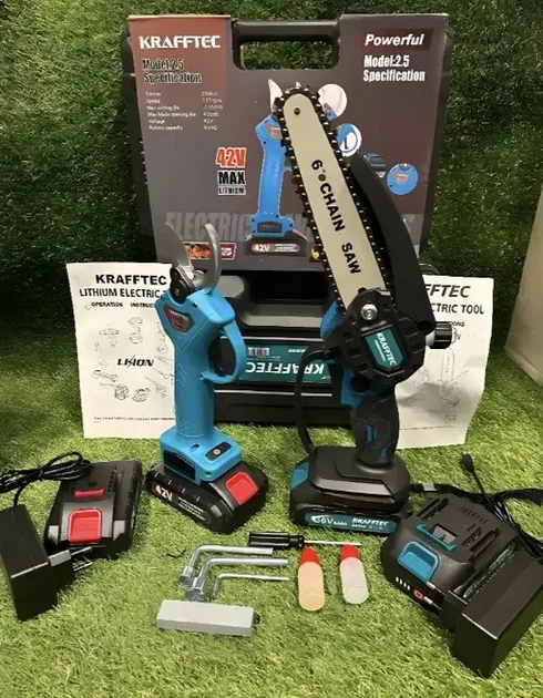 Аккумуляторный набор садовых инструментов Krafftec 2в1 секатор и мини пила 15 см 36V 4Ah с двумя аккумуляторами бесщеточными двигателями в кейсе - изображение 8