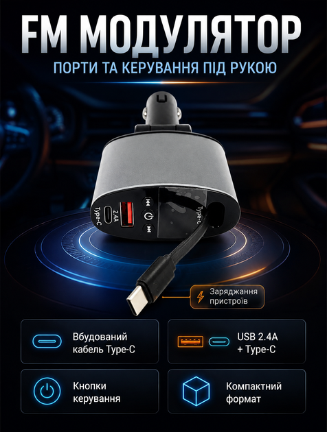 FM трансмиттер для автомобіля з LED-дисплеєм та вбудованим кабелем Type-C і USB-портом зі швидкою зарядкою 3 А - зображення 7