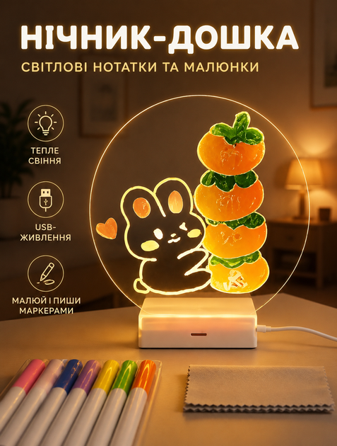 Кругла акрилова настільна маркерна дошка-планер для дому та офісу з LED-підсвіткою на USB що слугує нічником багаторазова в комплекті різнокольорові маркери - зображення 5