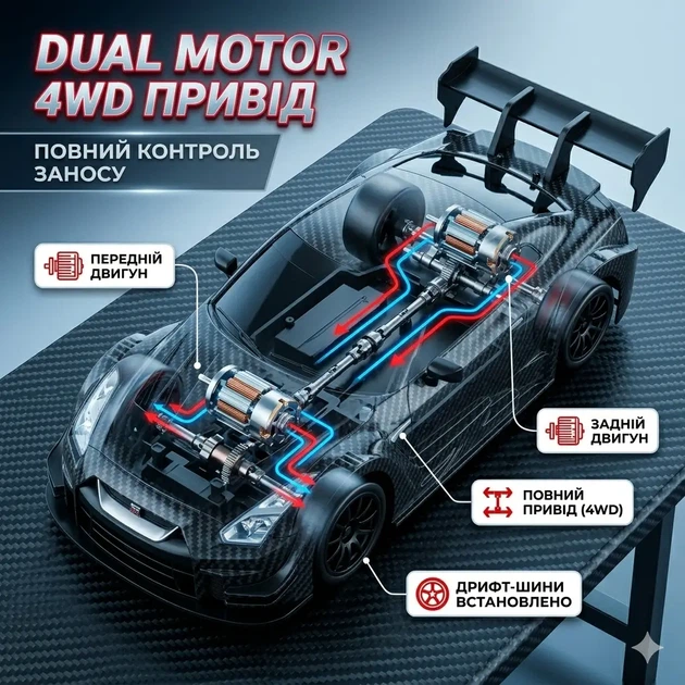 Радиоуправляемая дрифт машинка Nissan GTR R35 Drift Racing Car 1 14 31 см карбон с LED подсветкой и набором конусов и запасных шин для профессионального управления заносом на скорости 20 км ч 2 4 ГГц - изображение 4