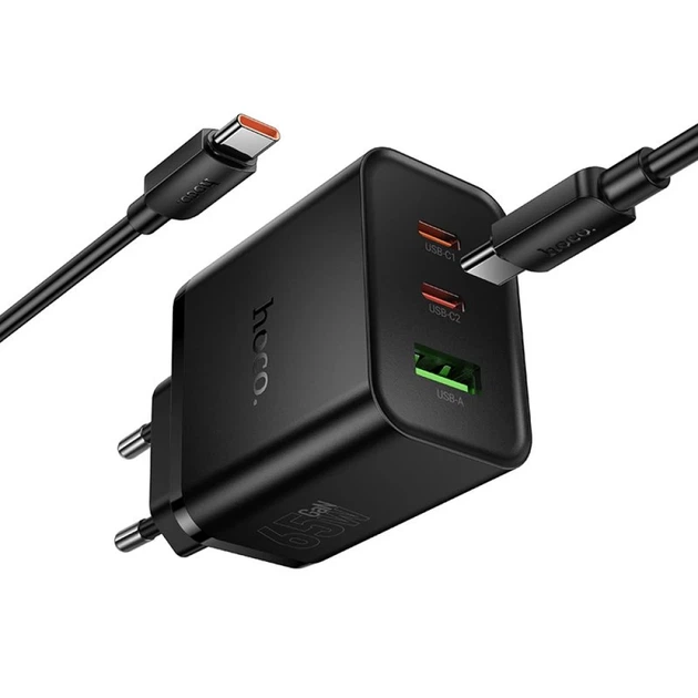 Сетевое зарядное устройство Hoco N75 2x USB-C + USB-A QC3.0 PD 65W + кабель USB-C Black (6942007673846) - изображение 5