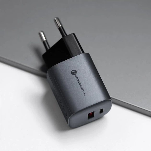 Сетевое зарядное устройство Forcell F-Energy GaN USB C + USB A QC4.0 PD 3A 33W Grey (5903396231438) - Фото 3 Сетевое зарядное устройство Forcell F-Energy GaN USB C + USB A QC4.0 PD 3A 33W Grey (5903396231438) - изображение 3