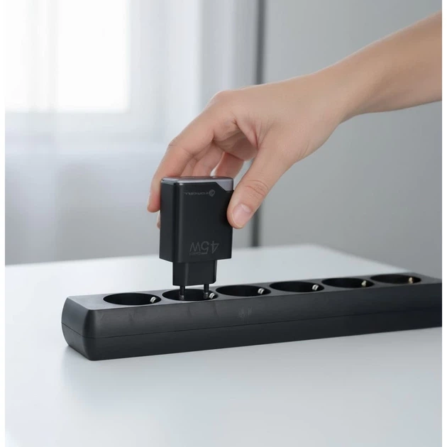 Зарядное устройство Forcell F-Energy Ultra Slim GaN III USB C + USB A PD QC4.0 3A 45W Black (5903396397837) - изображение 5