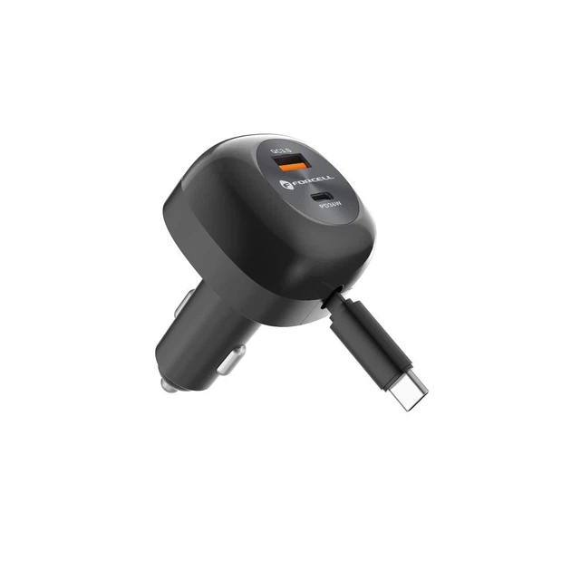 Автомобильное зарядное устройство Forcell F-Energy Alu USB C + USB A + выдвижной кабель USB C PD QC4.0 SFC2.0 3A 75W Black (5903396387470) - изображение 2