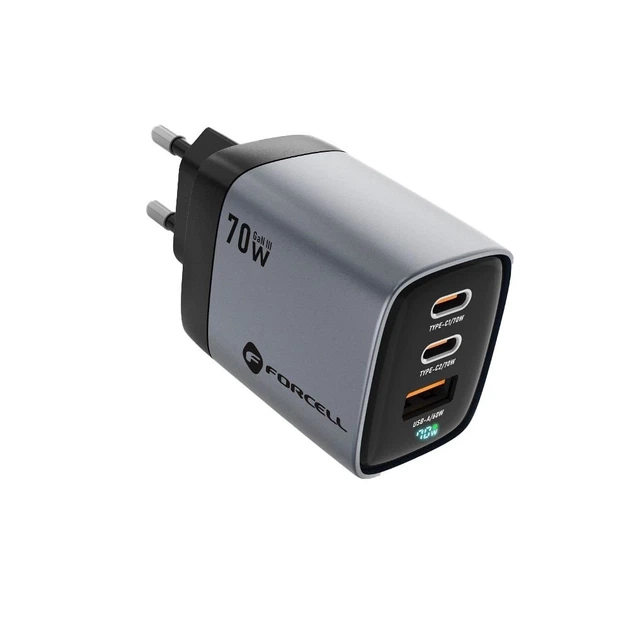 Зарядное устройство Forcell F-Energy GaN III 2 x USB C + USB A QC4.0 3,45A PD 70W Grey (5903396299070) - изображение 2