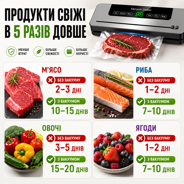 Вакууматор бытовой автоматический с дисплеем УФ стерилизацией резаком 120 Вт вакуумный упаковщик для хранения на зиму продуктов еды сухих и влажных мяса рыбы овощей для дома кухни заготовок морозилки зелени фруктов сыра - изображение 4