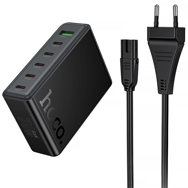 Сетевое зарядное устройство HOCO C152A Modern PD70W 6-in-1 5 Type-C 1 USB-A с кабелем Черный - изображение 2