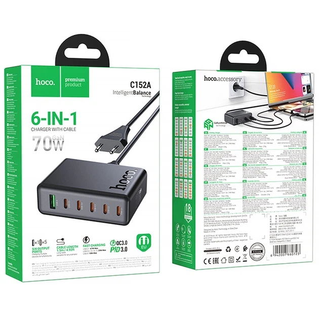 Сетевое зарядное устройство HOCO C152A Modern PD70W 6-in-1 5 Type-C 1 USB-A с кабелем Черный - изображение 6